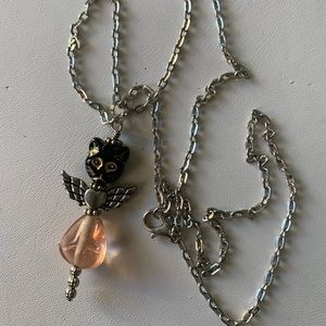 Necklace angel cat flying kitty pink and black